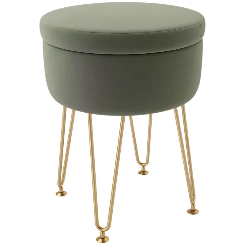 Velvet-Feel Storage Ottoman with Gold Hairpin Legs - Green