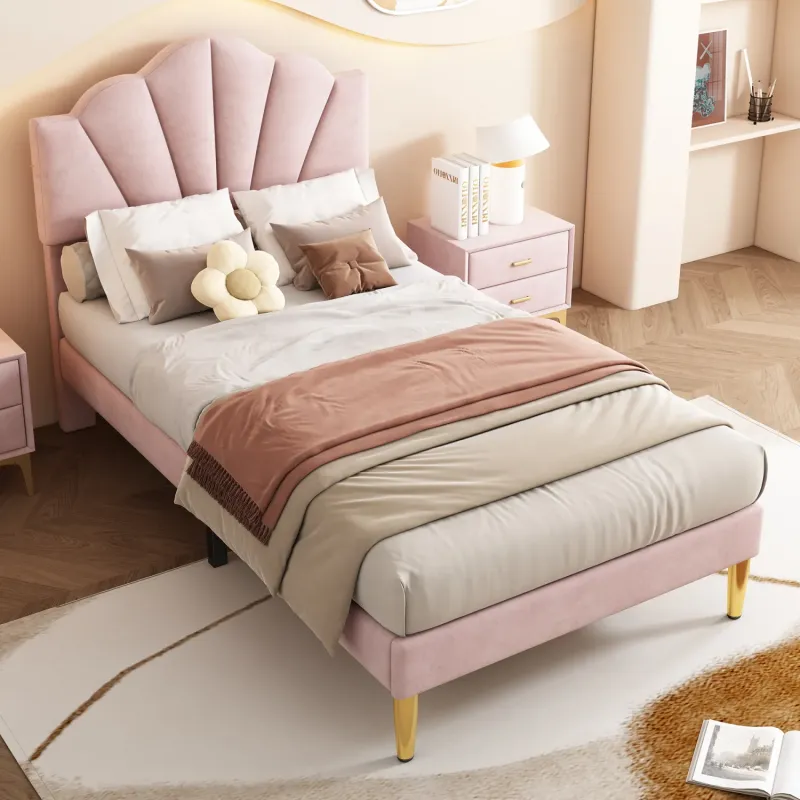 Pink Velvet Shell Upholstered Single Bed with Gold Legs