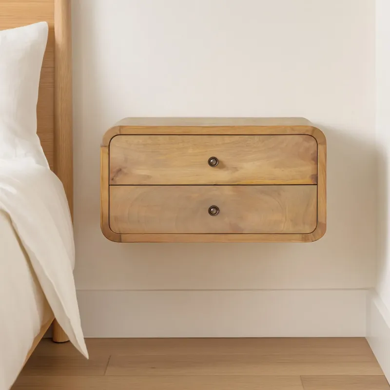 Solid Mango Wood 2-Drawer Floating Bedside Table - Oak-ish Finish