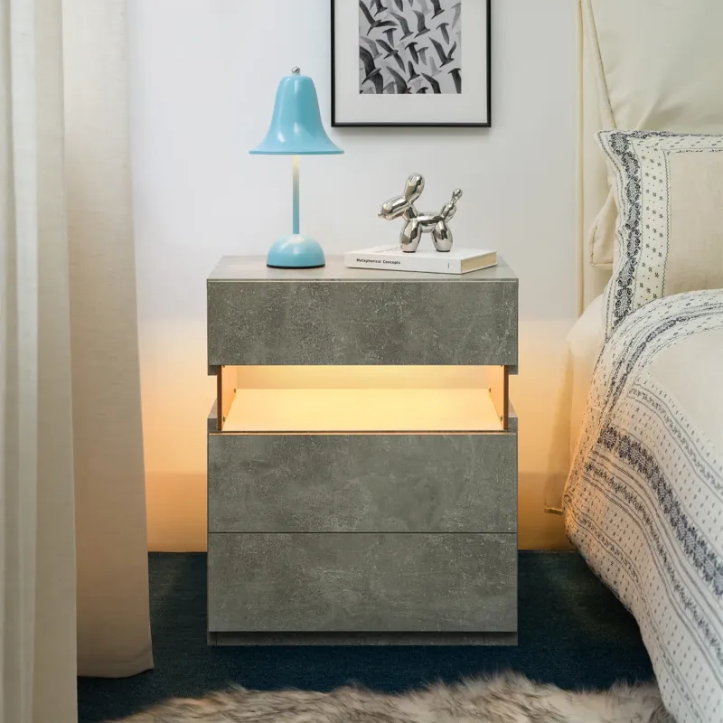 Grey 3-Drawer Bedside Table with RGB LED Lighting and Acrylic Accents