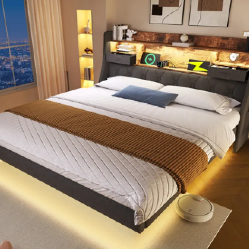 6ft Super King Upholstered Floating Bed with LED Lighting and USB Charging, Grey Linen