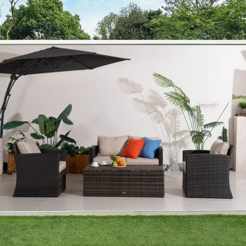 4 Seater Rattan Garden Sofa Set with Storage Coffee Table