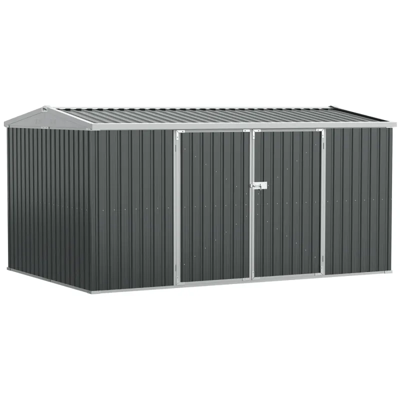  14 x 8ft Large Galvanised Steel Garden Shed with Sloped Roof and Lockable Doors - Grey