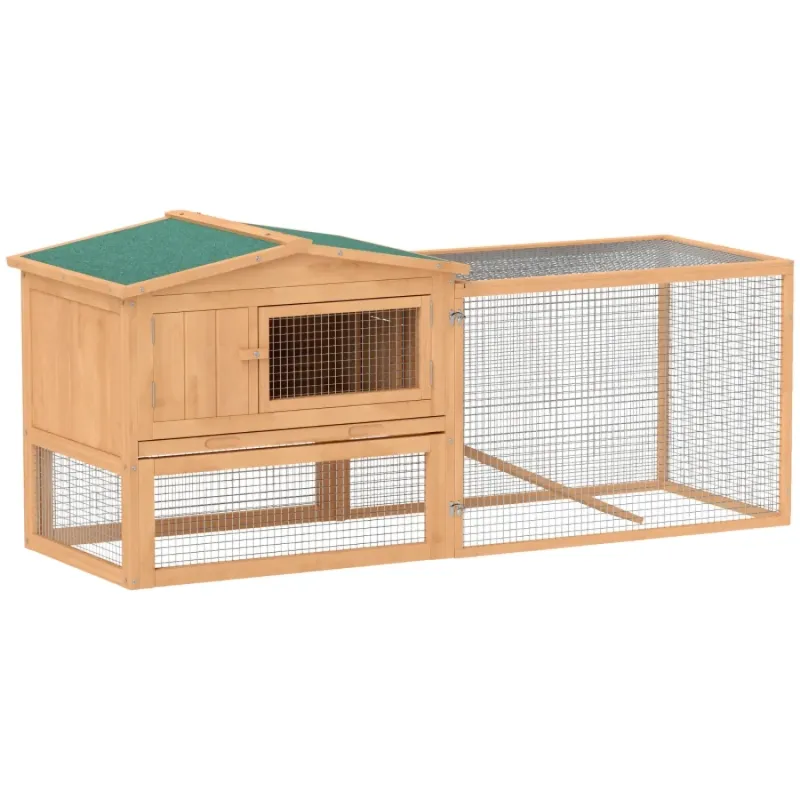 2-Tier Wooden Rabbit Hutch with Integrated Run - Fir Wood