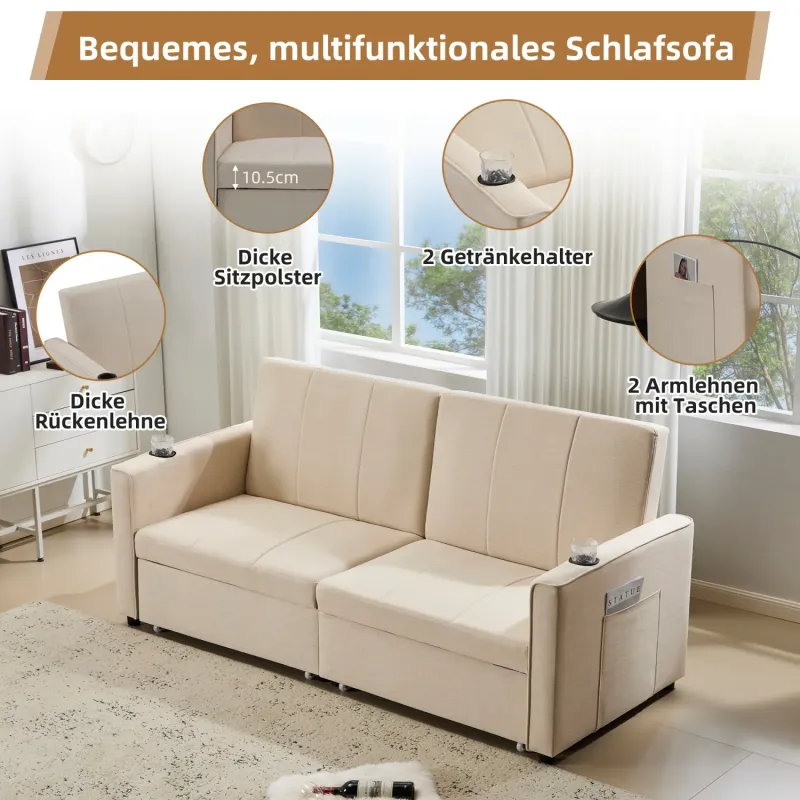Fabric Sofa Bed, King Size, in Beige, with Independent Pull-Out Seats and Storage Pockets