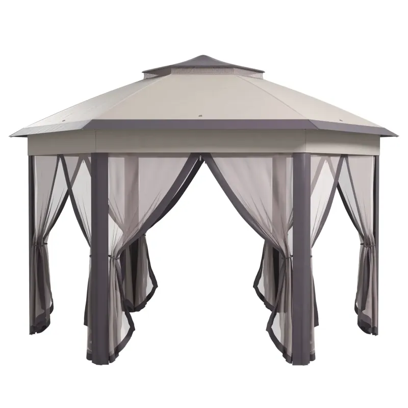 Hexagon Pop Up Gazebo with Mesh Sides and Vented Roof, 4.05m x 3.4m – Beige
