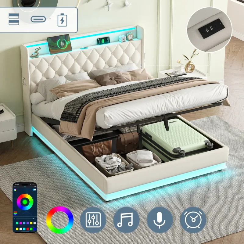 Double Upholstered Ottoman Bed with LED Lighting, Charging Station and Storage Headboard - Beige
