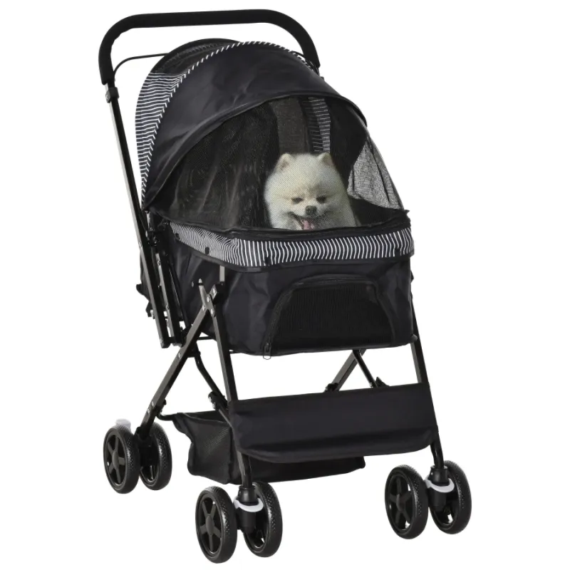 Foldable Pet Stroller with Reversible Handle and Storage Basket