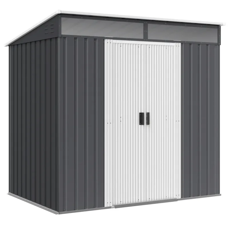  6.5 x 4ft Galvanised Metal Garden Shed with Foundation Kit, Windows & Lockable Doors - Grey