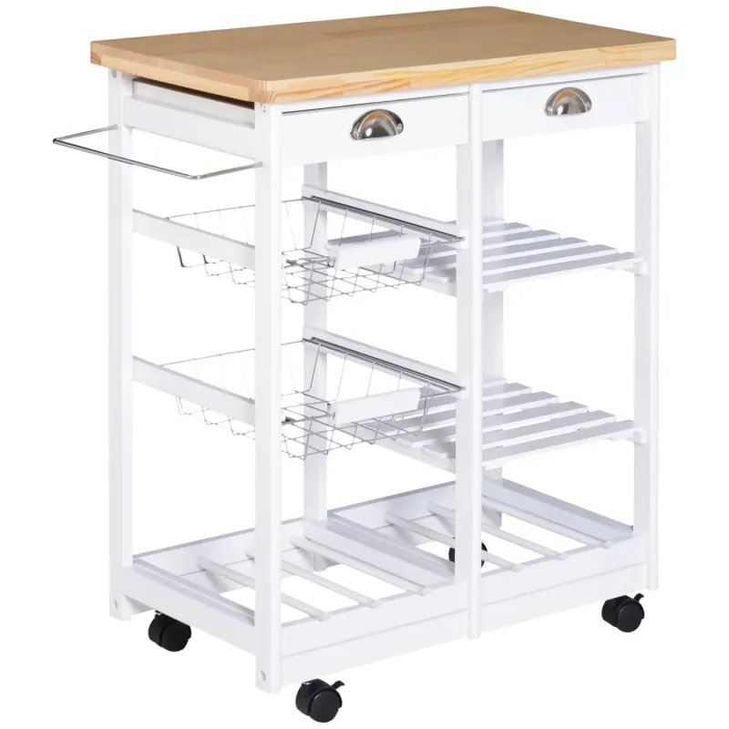 Rolling Kitchen Island Trolley with 6 Bottle Wine Rack - White