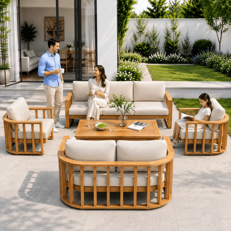 San Marino Solid Wood 7-Seater Garden Sofa Set with Coffee Table - Teak Finish