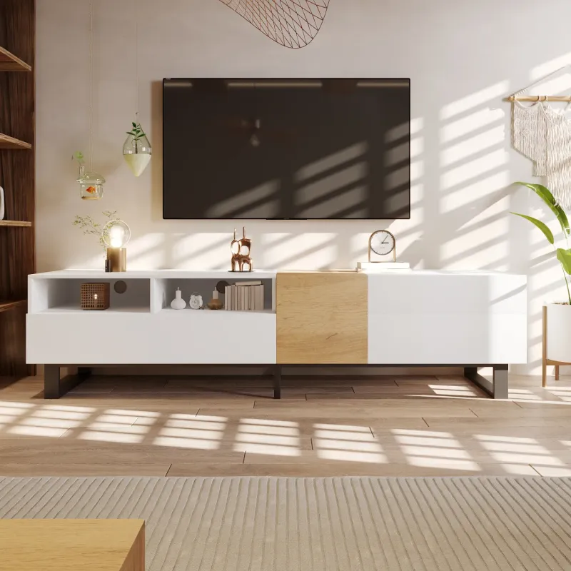 180cm Modern TV Unit with Drawers and Cupboards - White and Wood Effect