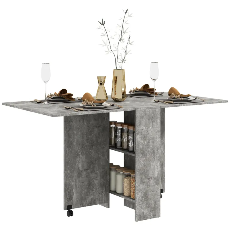 Folding Drop Leaf Dining Table with 2-Tier Storage - Cement Grey