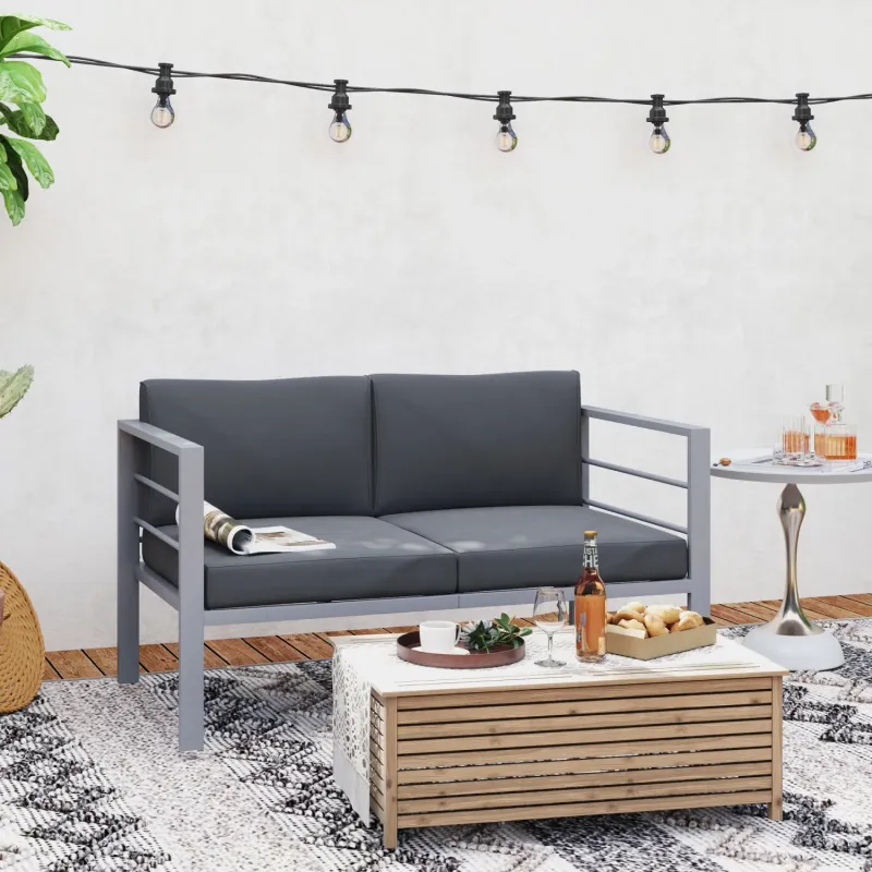  2-Seater Aluminium Garden Sofa - Grey Outdoor Loveseat