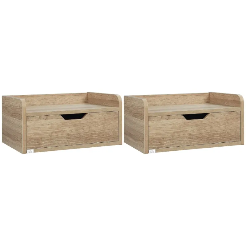 Set of 2 Floating Bedside Tables with Drawer - Natural
