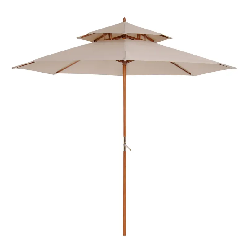 2.7m Wooden Garden Parasol with Crank Handle and Double Canopy - Beige