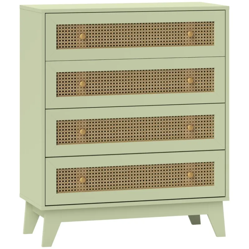 4-Drawer Chest of Drawers with Rattan Panelling - Light Green