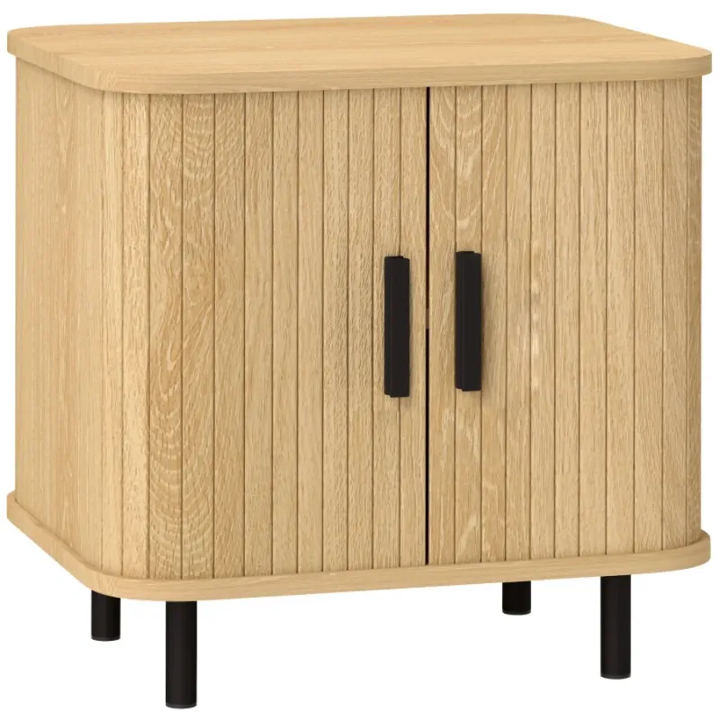 Nordic Bedside Table with Roller Shutter Sliding Doors - Oak Tone