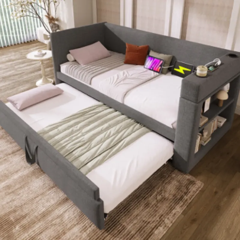 3ft Single Grey Linen Upholstered Daybed with Pull-Out Trundle, USB Charging and Cup Holders