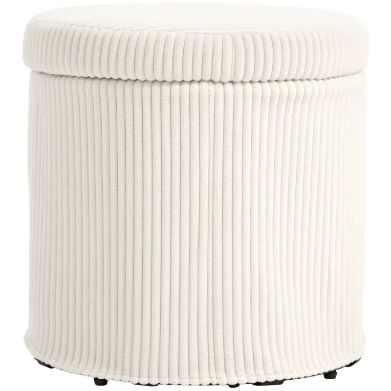 40cm Round Corduroy Storage Ottoman Footstool - Beige