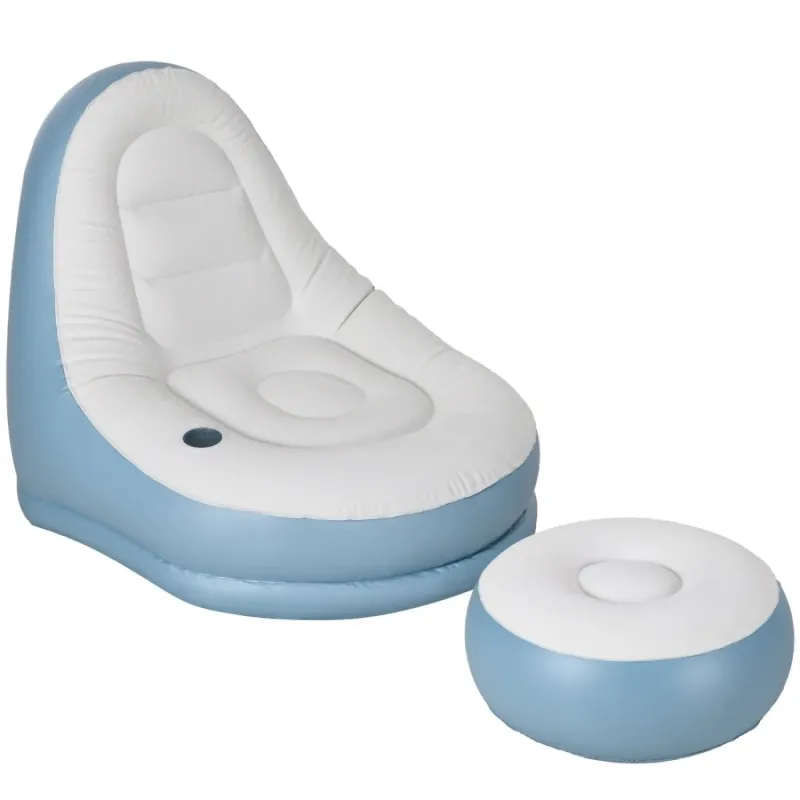 Inflatable Plastic Armchair with Footstool and Cup Holder, in Blue and White