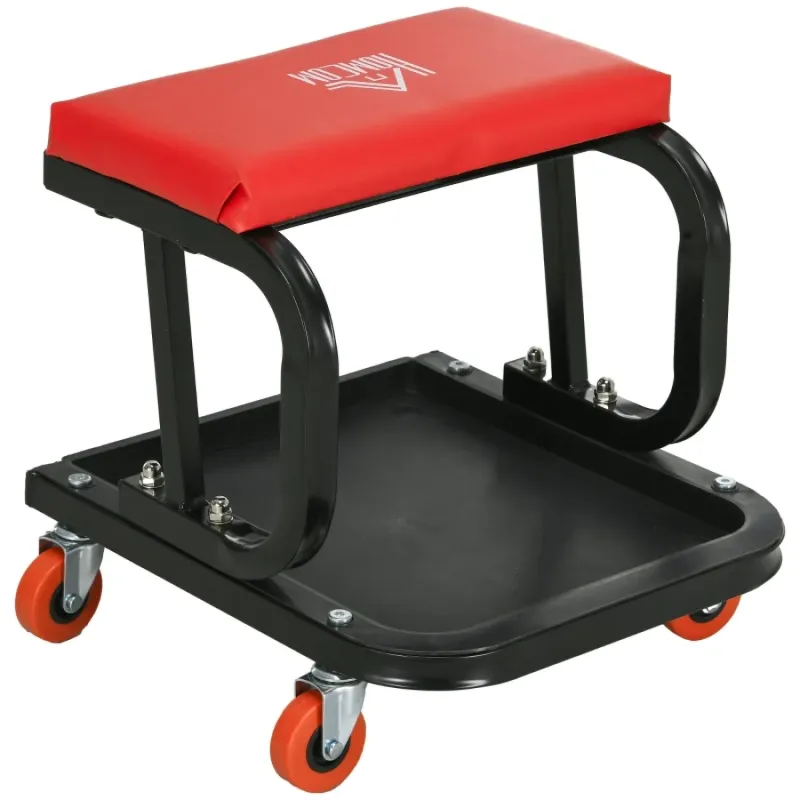 Rolling Workshop Stool with Tool Tray and Padded Seat - Red