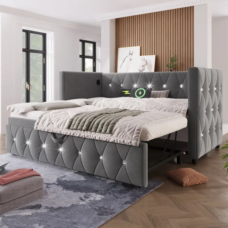 Velvet Daybed, Single, in Grey, with Pull-Out Trundle and USB Charging