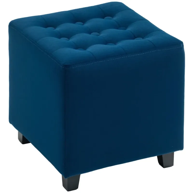 Square Tufted Velvet-Feel Ottoman Footstool - Blue
