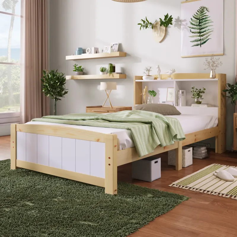 Single Solid Wood Bed Frame with Storage Headboard - White and Natural Two-Tone