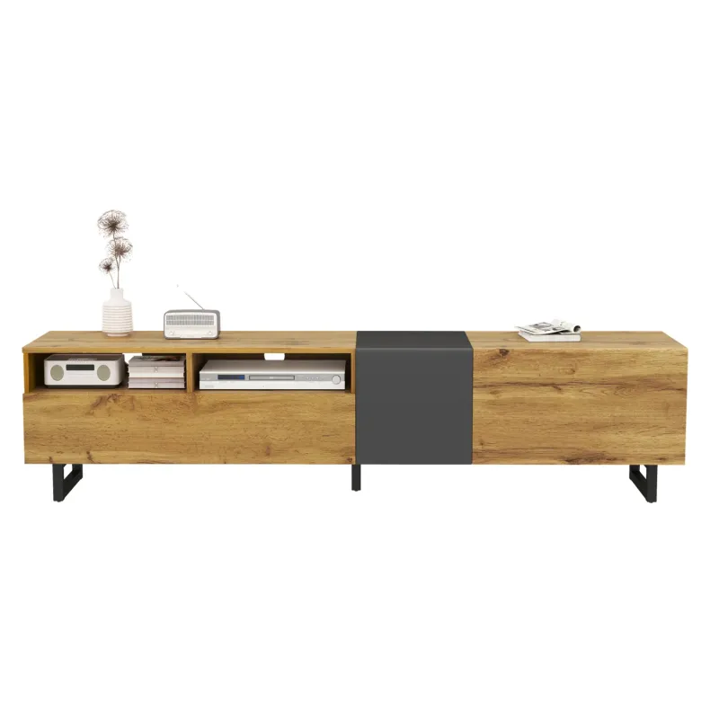 170cm Wood Grain and Dark Grey TV Unit with U-Shaped Metal Legs