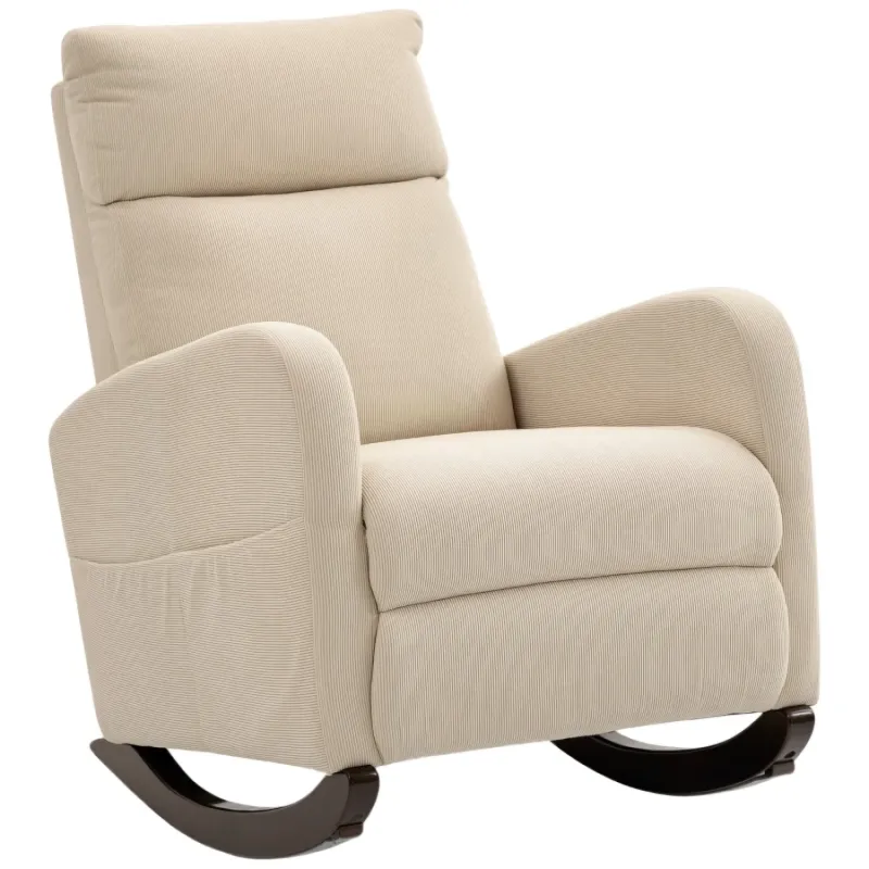  Corduroy Rocking Armchair with Storage Pockets - Beige