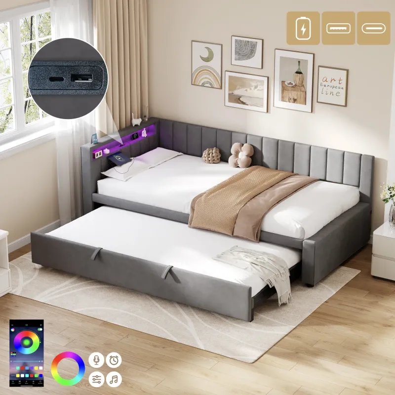 Velvet Sofa Bed with Trundle, 3ft Single, in Grey, with LED Lights and Charging Station