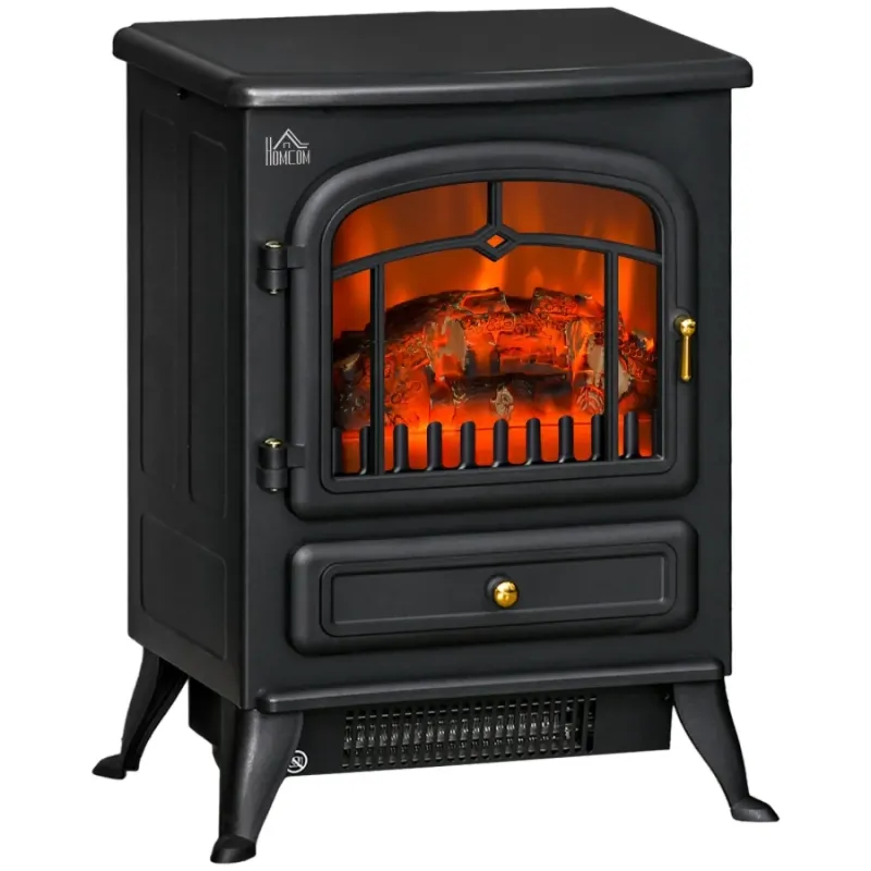 1850W Freestanding Electric Fireplace Stove with Realistic Log Flame Effect - Black