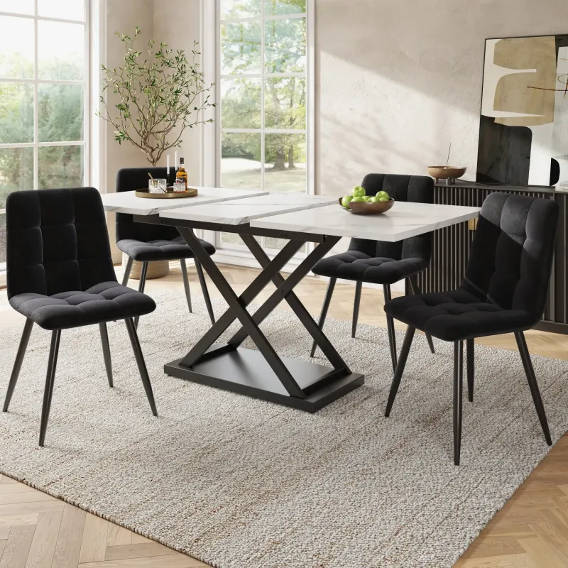5-Piece Extendable White Marble Effect Dining Set with 4 Black Velvet Chairs