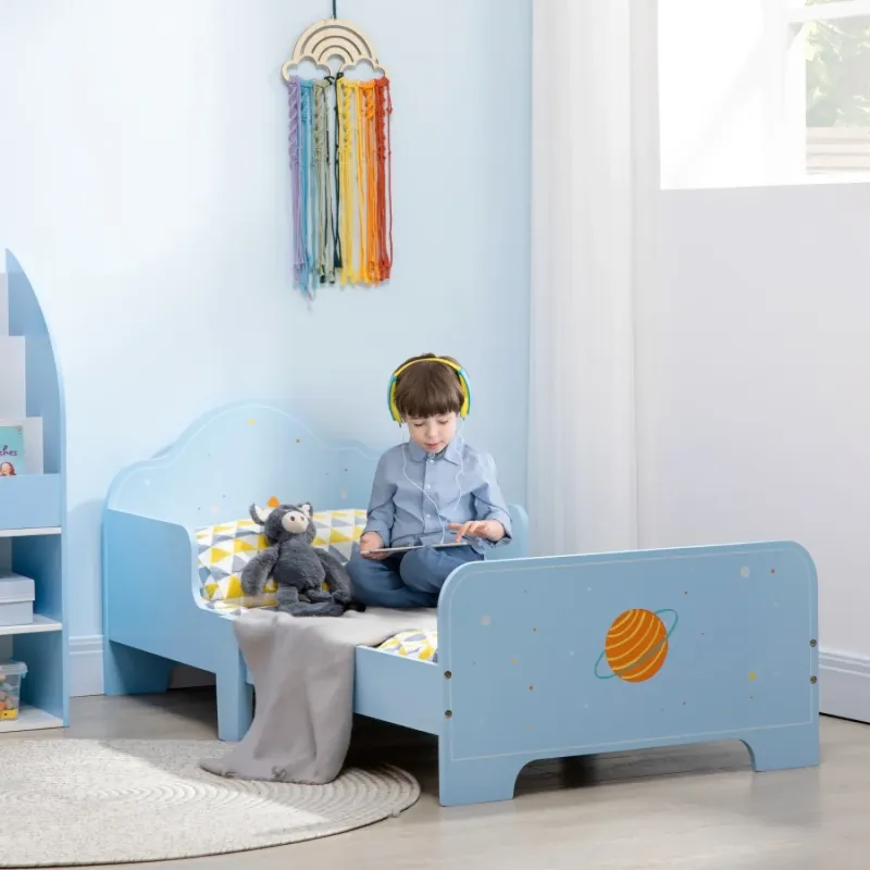 MDF Toddler Bed, 140 x 70cm, in Blue, with Space Theme and Safety Rails