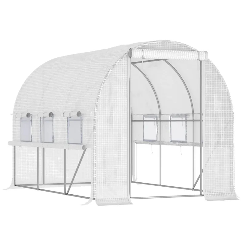 3 x 2m Walk-in Polytunnel Greenhouse with Roll-up Sidewalls - White