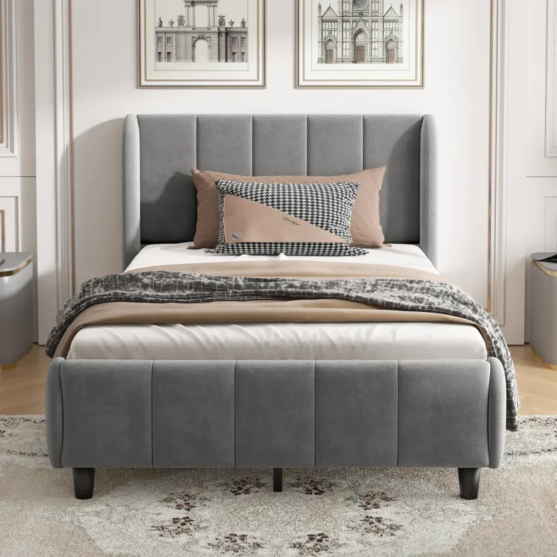 Grey Velvet Single Upholstered Bed with Vertical Stripe Headboard