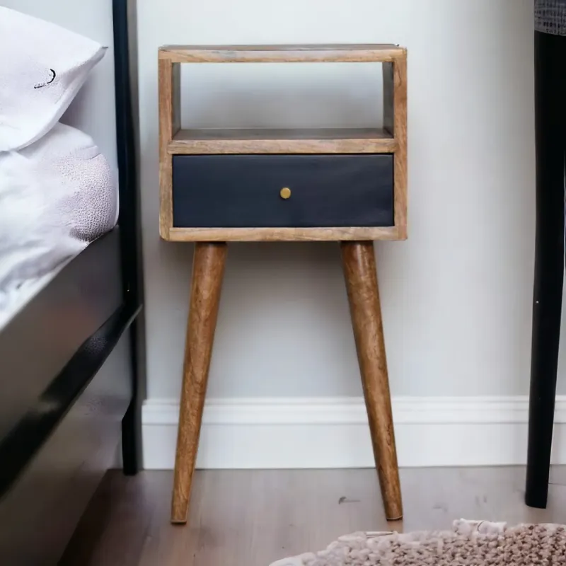 Mini Solid Wood Bedside Table with 1 Drawer & Open Shelf - Navy Blue & Light Brown