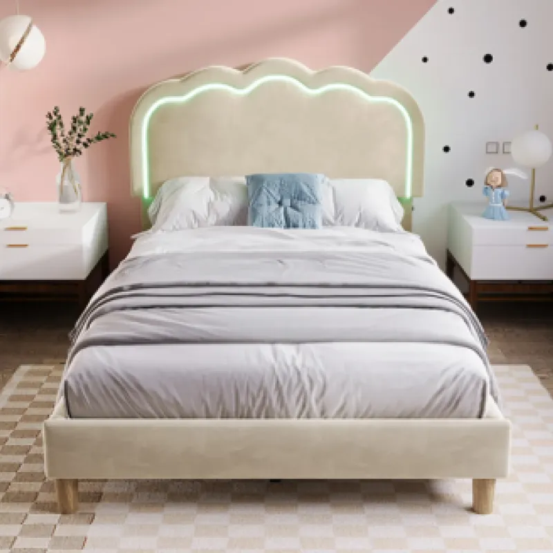 3ft Single Beige Velvet Upholstered Bed with LED Puff Headboard and Adjustable Height