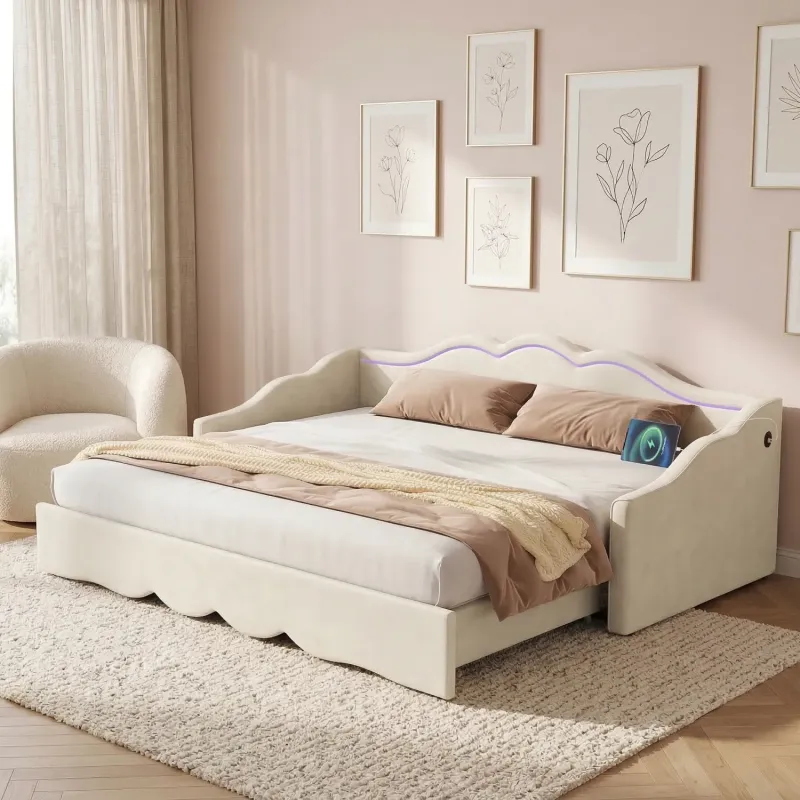 Velvet Daybed, Single, in Beige, with LED Lighting and USB Charging