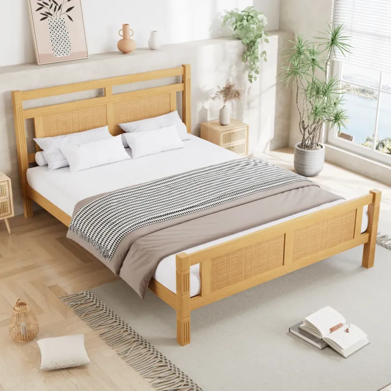 Natural Wood Finish 4ft6 Double Bed Frame with Rattan Effect Detail