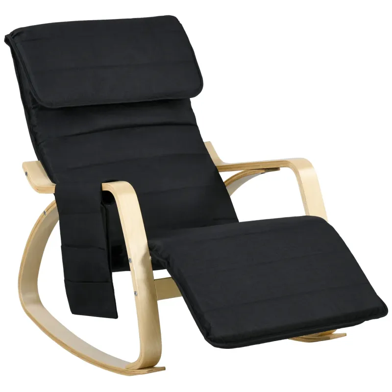 Birch Wood Rocking Lounge Chair with Adjustable Legrest & Side Pocket - Black