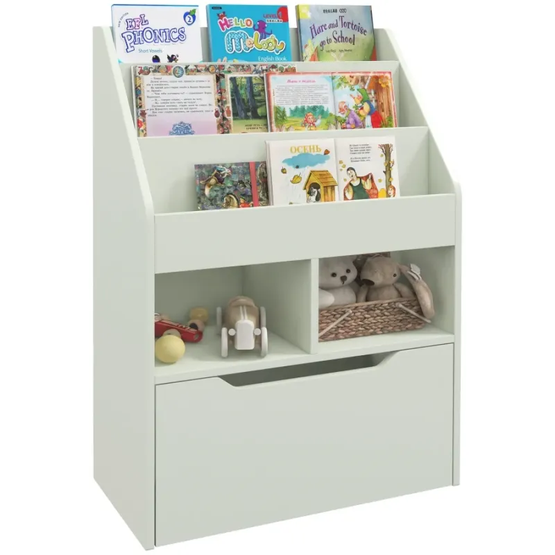 Kids Bookshelf and Toy Organiser with Wheeled Storage Drawer - Green