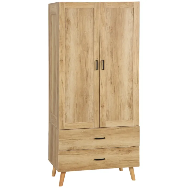 2-Door Wardrobe with 2 Drawers and Hanging Rail - Natural Wood Effect