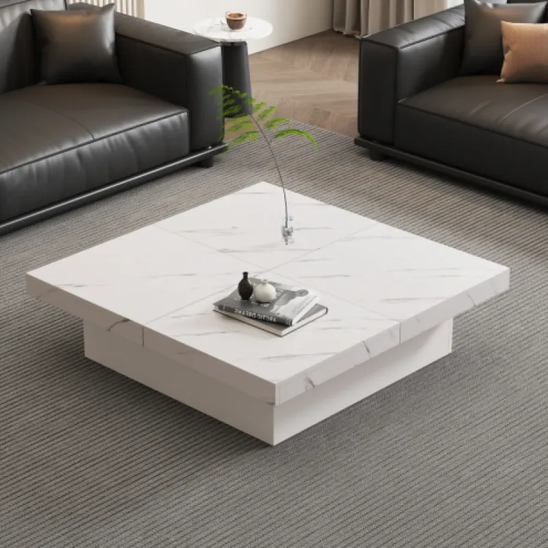 Square Coffee Table, Marble Look in White, with 4 Sliding Drawers