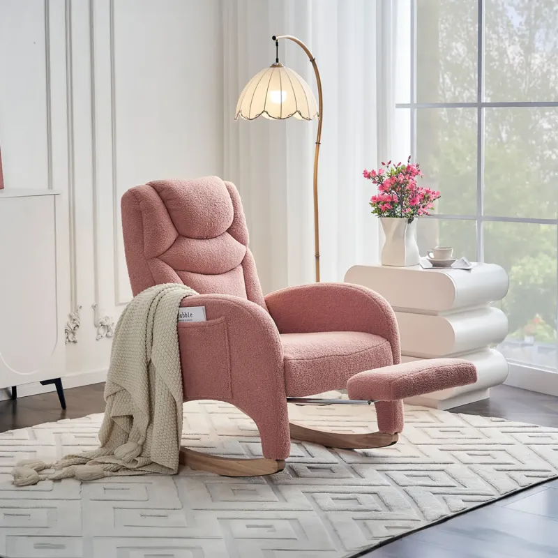 Teddy Fabric Rocking Chair with Pull-Out Footrest, Pink