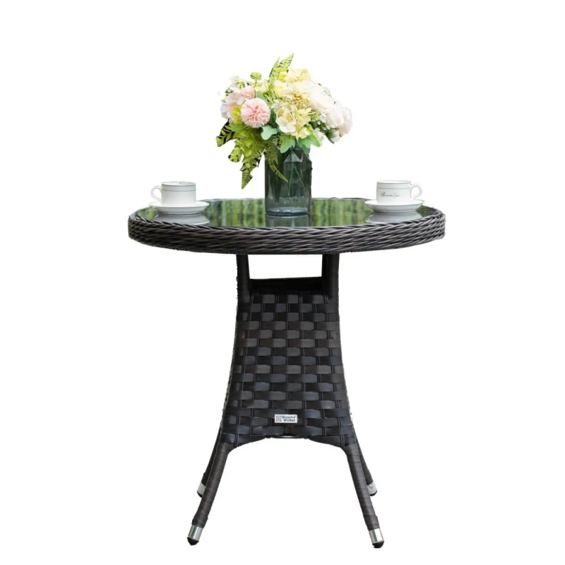 Brown Rattan Round Outdoor Dining Table with Glass Top, 70cm