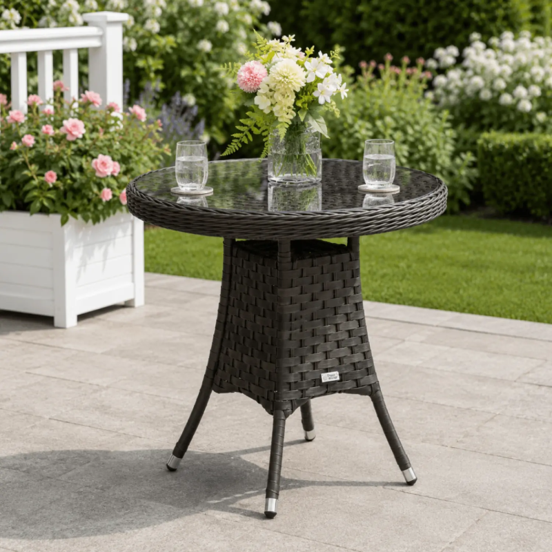 Brown Rattan Round Outdoor Dining Table with Glass Top, 70cm