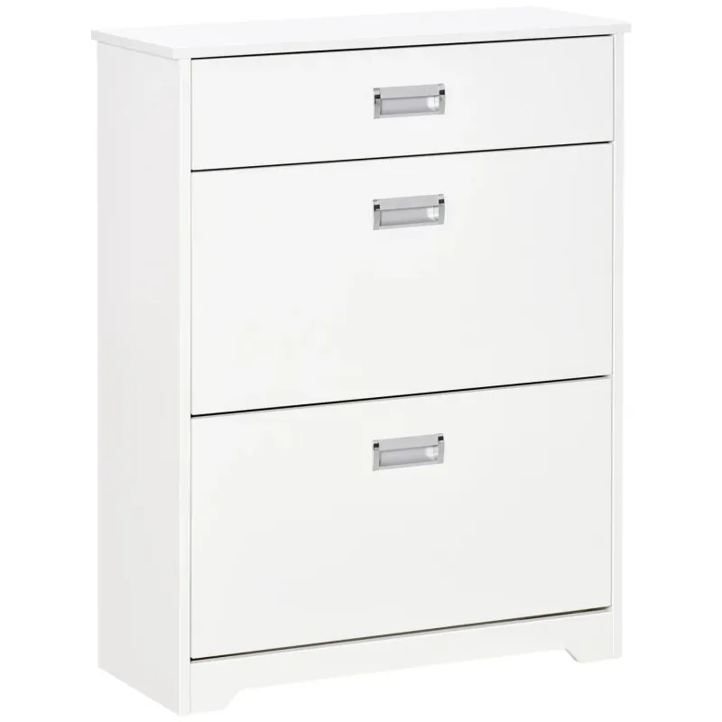 White Slim Shoe Storage Cabinet with Drawer - 16 Pair Capacity