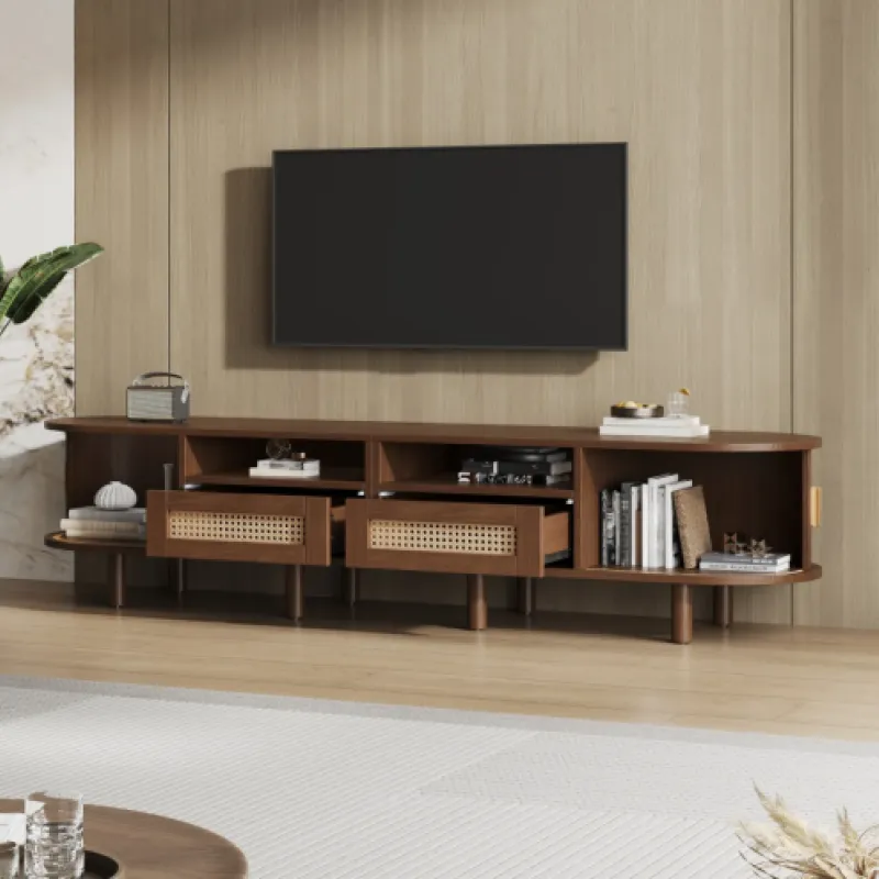 Dark Oak MDF TV Unit, 170cm, with Rattan Drawers and Sliding Doors